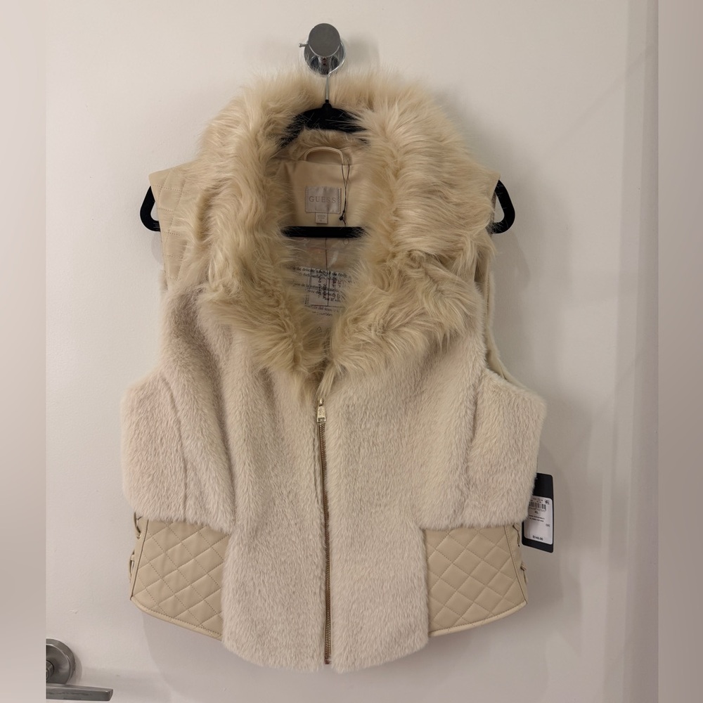 GUESS Faux Fur Cream Vest with Quilted Sides
